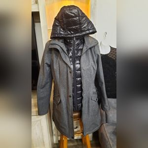 Guess Long Sleeve Black & Gray Hooded Mid Coat Jacket Size L